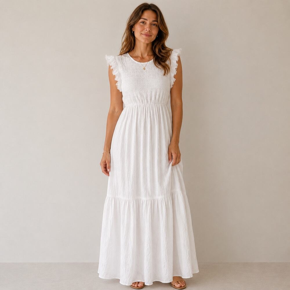 Linen midi sundress in white fully lined. Brand Dissh sz 10 women’s.